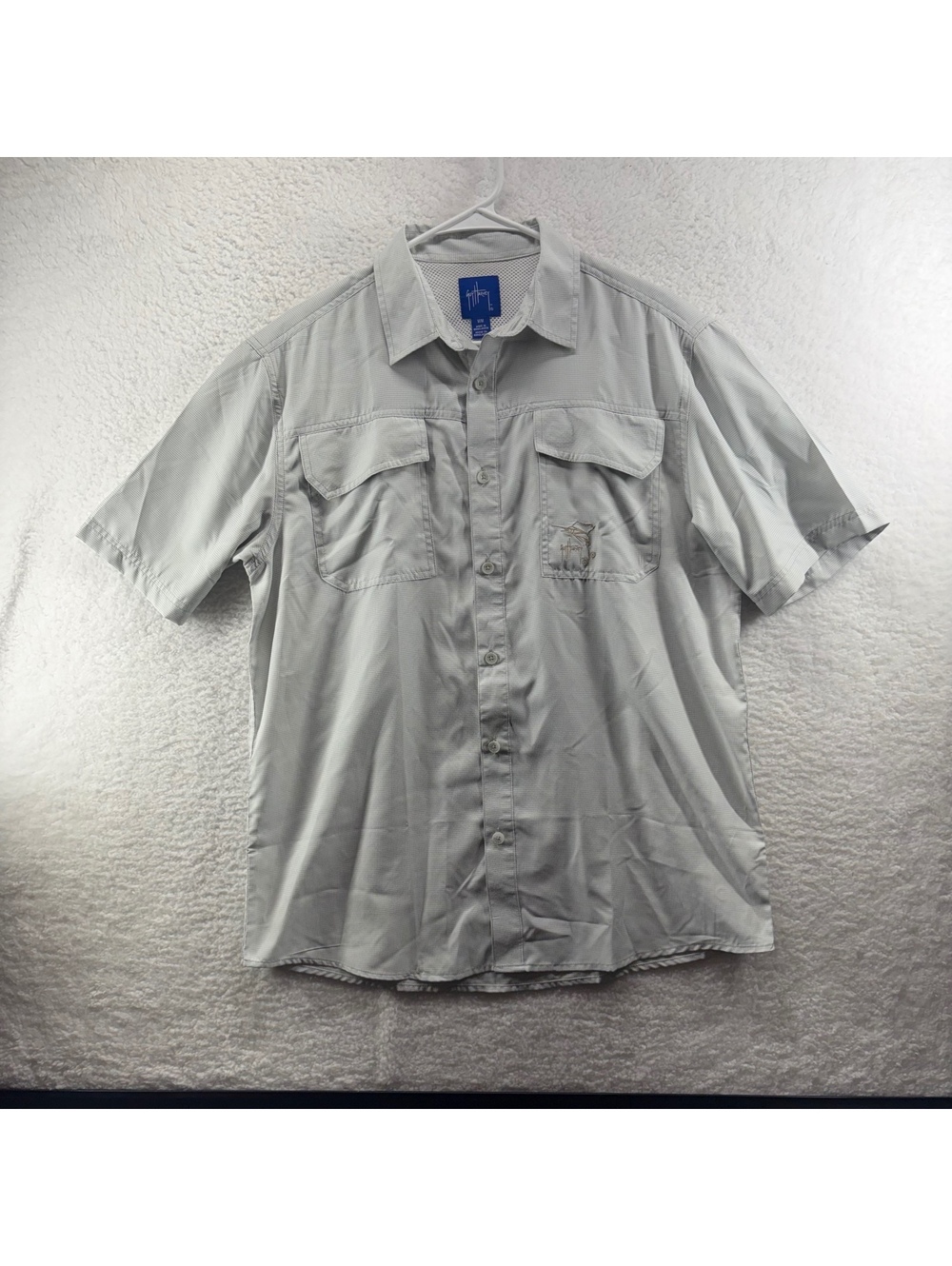 Guy Harvery Vented Button Up Fishing Shirt Mens Medium White Gray Micro Check